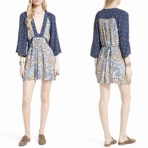 Free People Talulla Mini Dress S Blue Beige Floral Mixed Print Boho Rayon